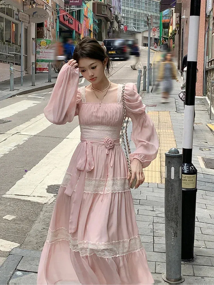 Girlary 2024 Summer Woman French Elegant Lace Midi Dress Party Long Sleeve Korean Fashion Dress Beach Chiffon Fairy Slim Dress Chic