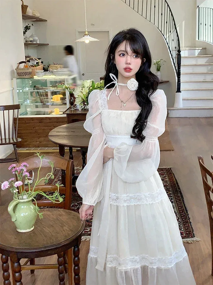 Girlary 2024 Summer Woman French Elegant Lace Midi Dress Party Long Sleeve Korean Fashion Dress Beach Chiffon Fairy Slim Dress Chic
