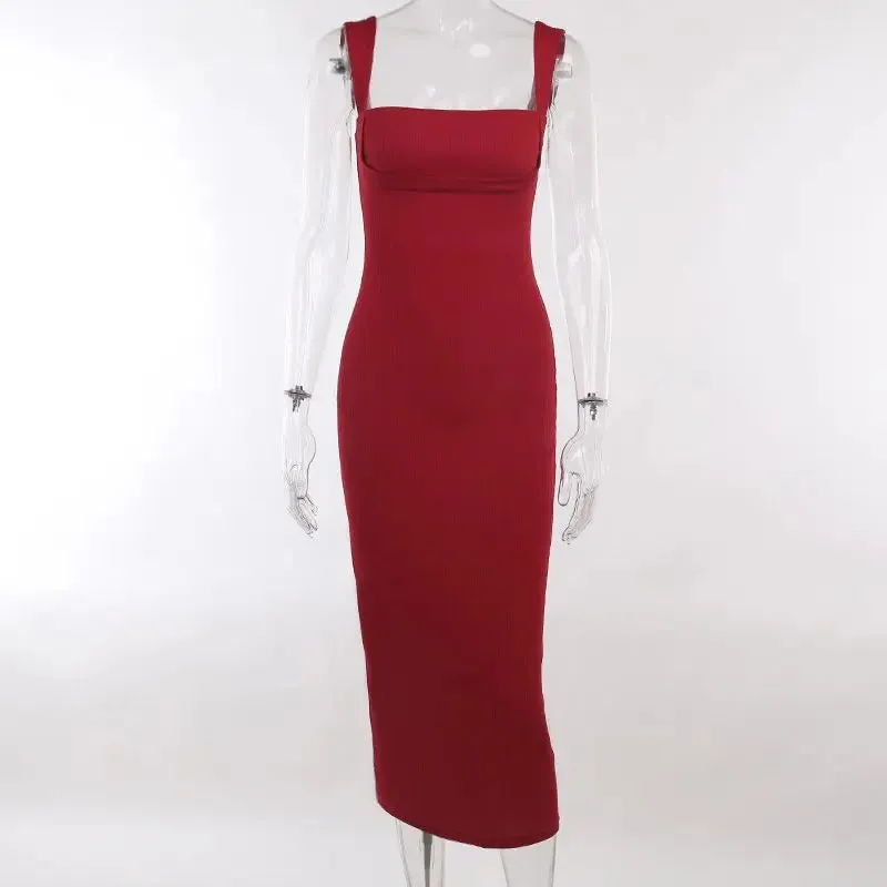 Girlary Basic Spaghetti Strap Dress New Solid Color Simple Bodycon Dress for Women Korean Chic Sexy Elegant Long Robe Femme