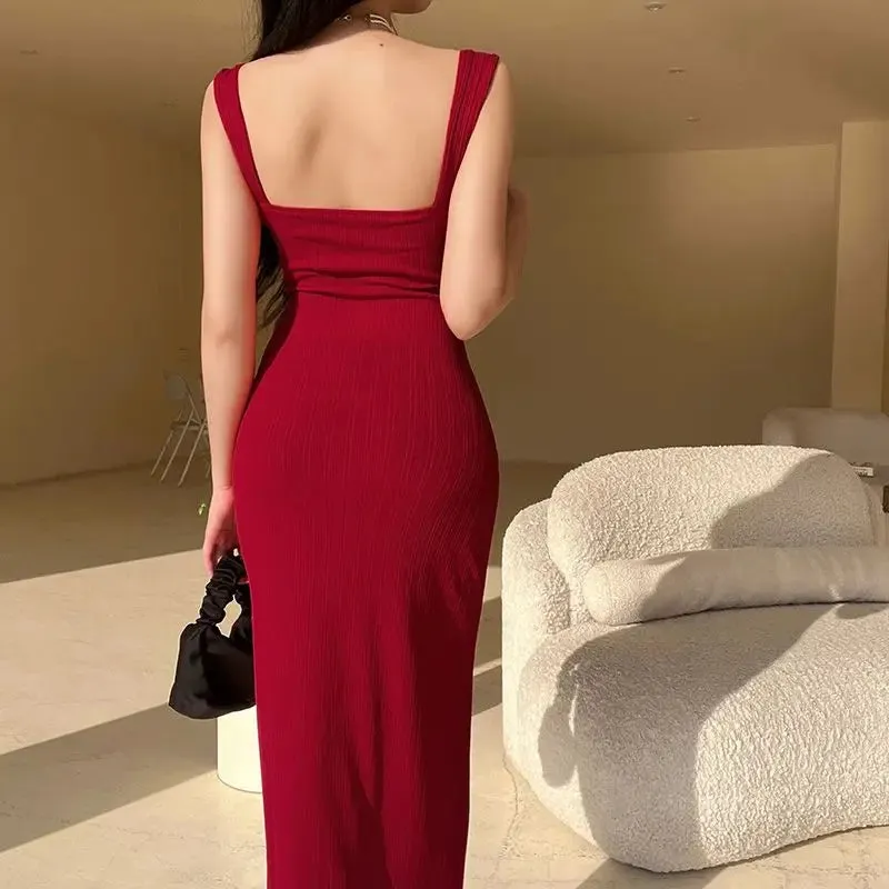 Girlary Basic Spaghetti Strap Dress New Solid Color Simple Bodycon Dress for Women Korean Chic Sexy Elegant Long Robe Femme