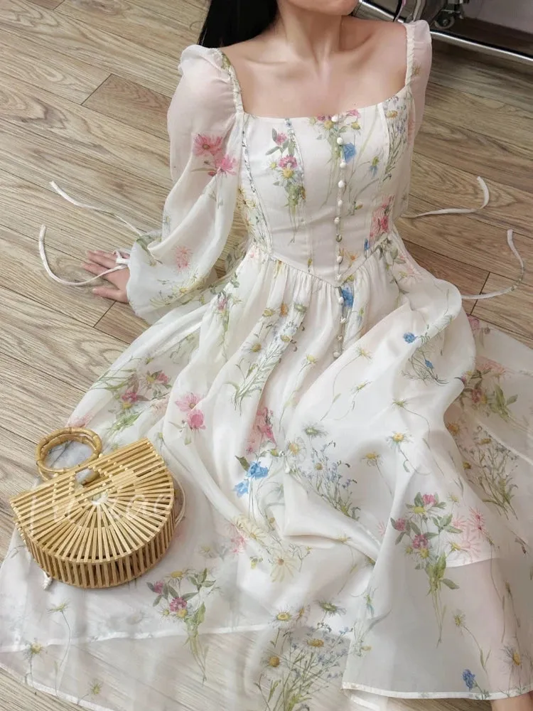 Girlary Chiffon Floral Midi Dress Office Lady Summer Elegant One Piece Dress Korean Fashion Beach Style Causal Long Sleeve Sundress