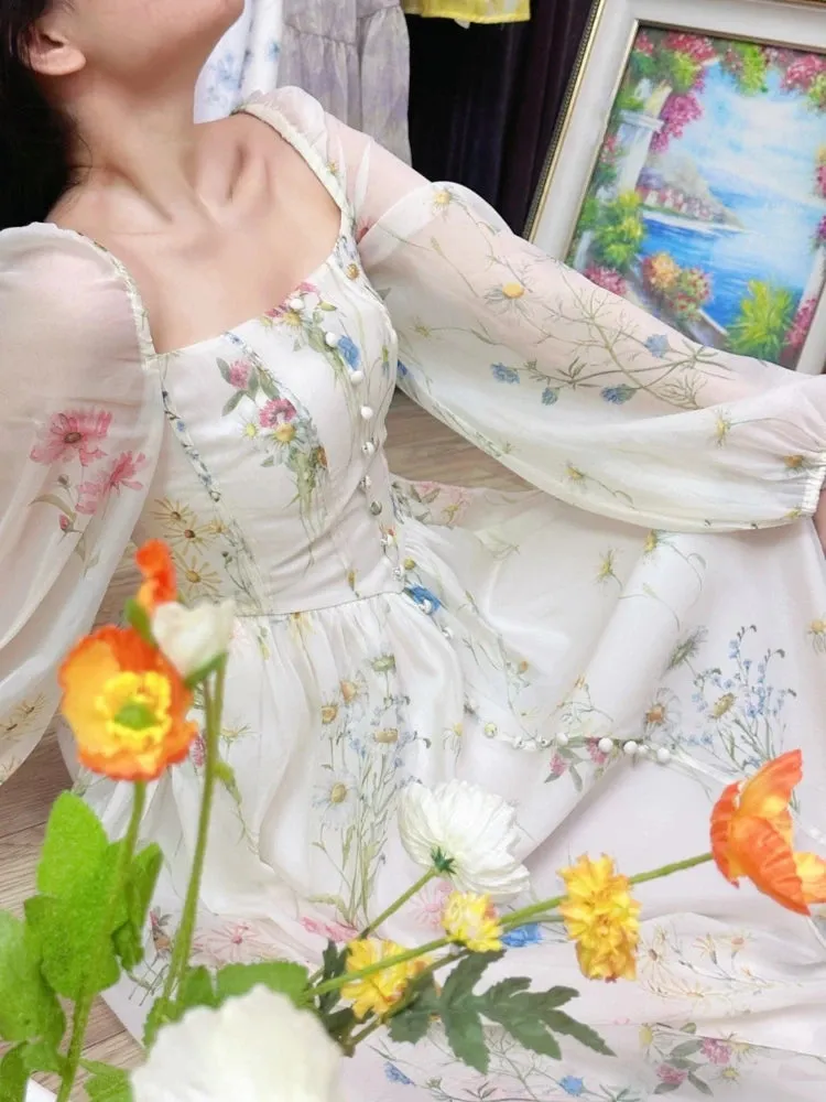 Girlary Chiffon Floral Midi Dress Office Lady Summer Elegant One Piece Dress Korean Fashion Beach Style Causal Long Sleeve Sundress