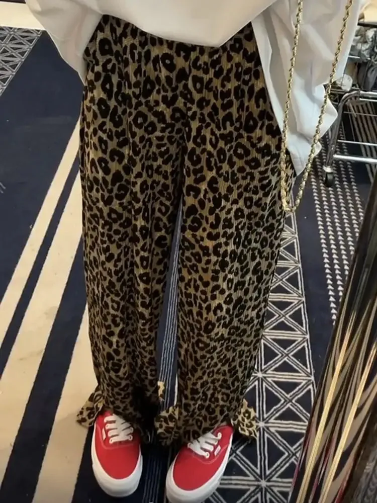Girlary Leopard Print Slit High Waist Wide Leg Pants Fashion Street Loose Casual Pants Retro All-match Trousers Streetwear Women