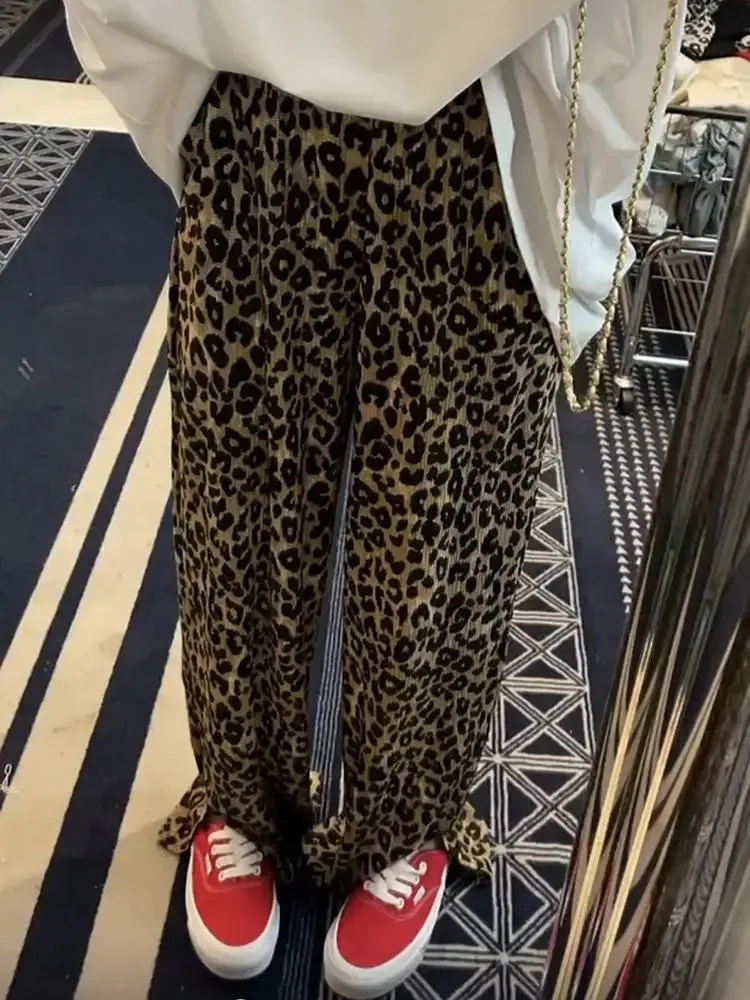 Girlary Leopard Print Slit High Waist Wide Leg Pants Fashion Street Loose Casual Pants Retro All-match Trousers Streetwear Women