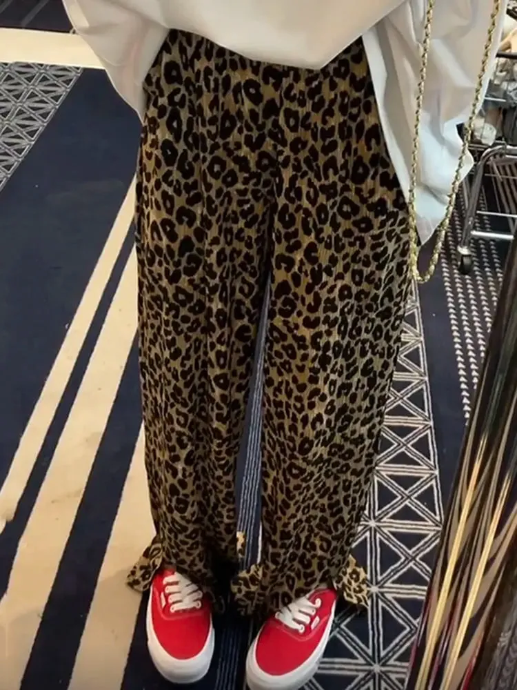 Girlary Leopard Print Slit High Waist Wide Leg Pants Fashion Street Loose Casual Pants Retro All-match Trousers Streetwear Women