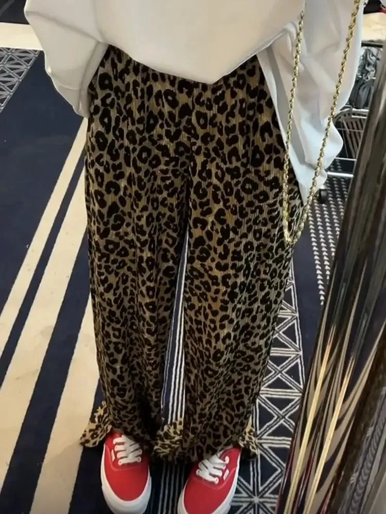 Girlary Leopard Print Slit High Waist Wide Leg Pants Fashion Street Loose Casual Pants Retro All-match Trousers Streetwear Women