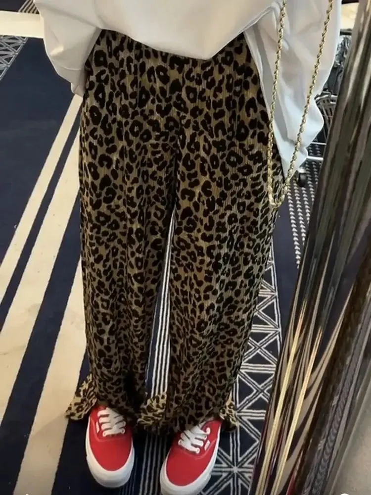 Girlary Leopard Print Slit High Waist Wide Leg Pants Fashion Street Loose Casual Pants Retro All-match Trousers Streetwear Women