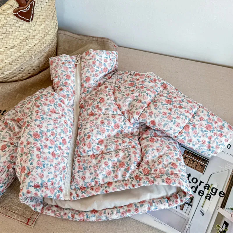 Girls Floral Printed Cotton-Padded Jacket