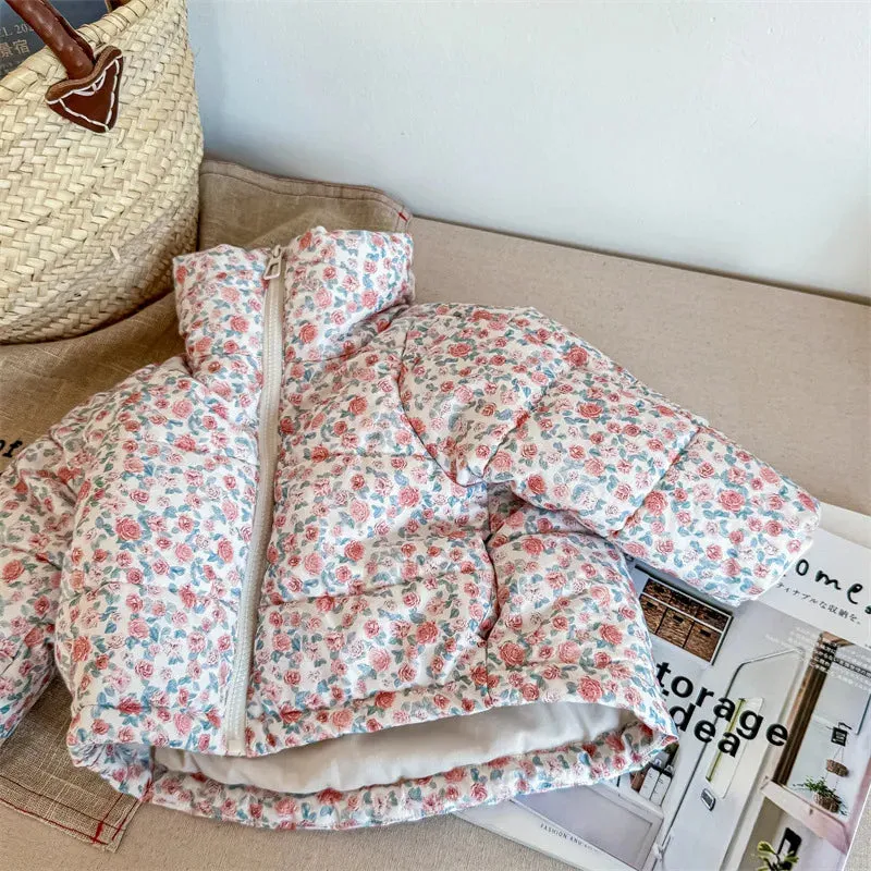 Girls Floral Printed Cotton-Padded Jacket