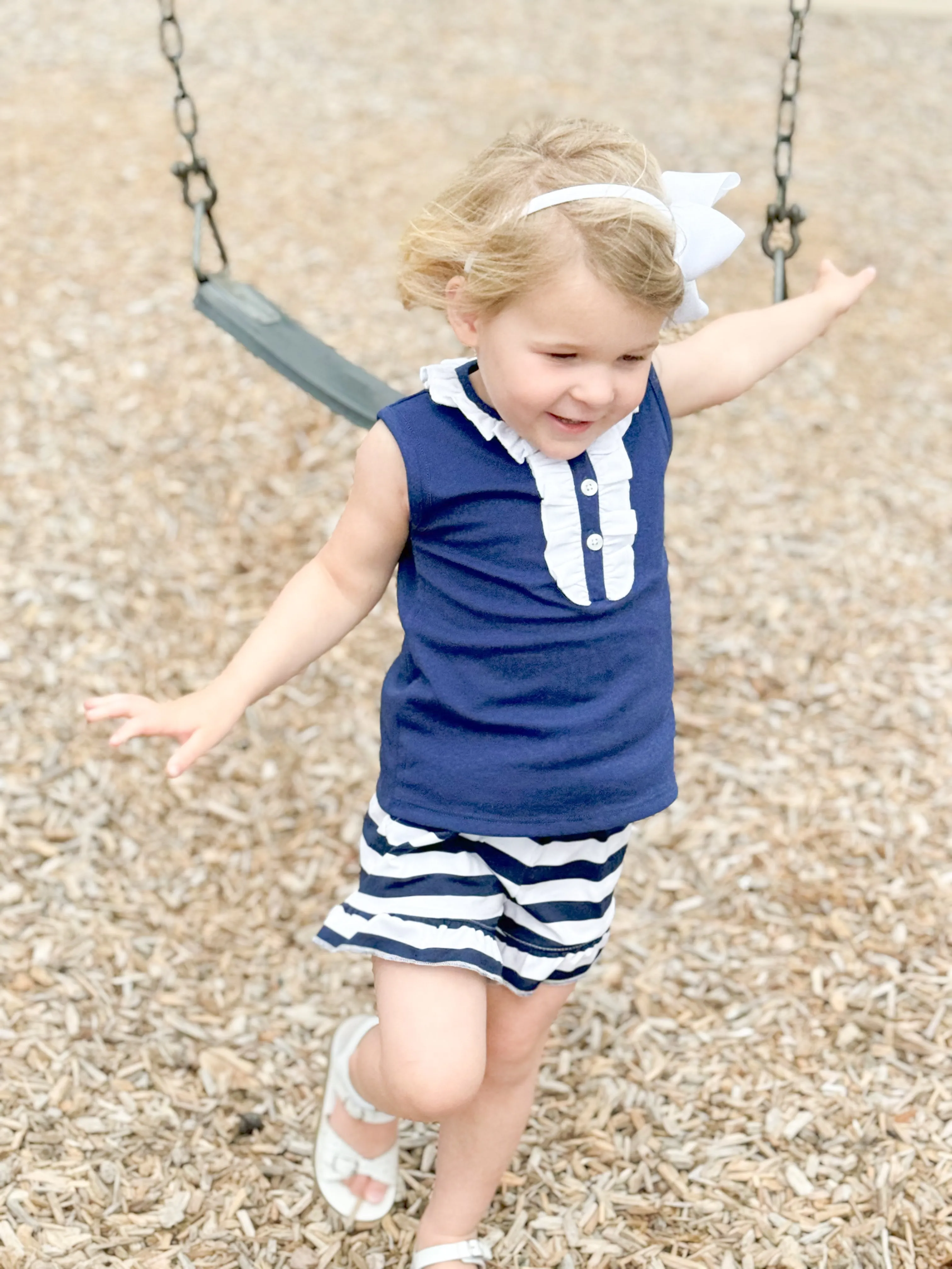 Girls Pique Ramona Shirt in Royal Navy & White