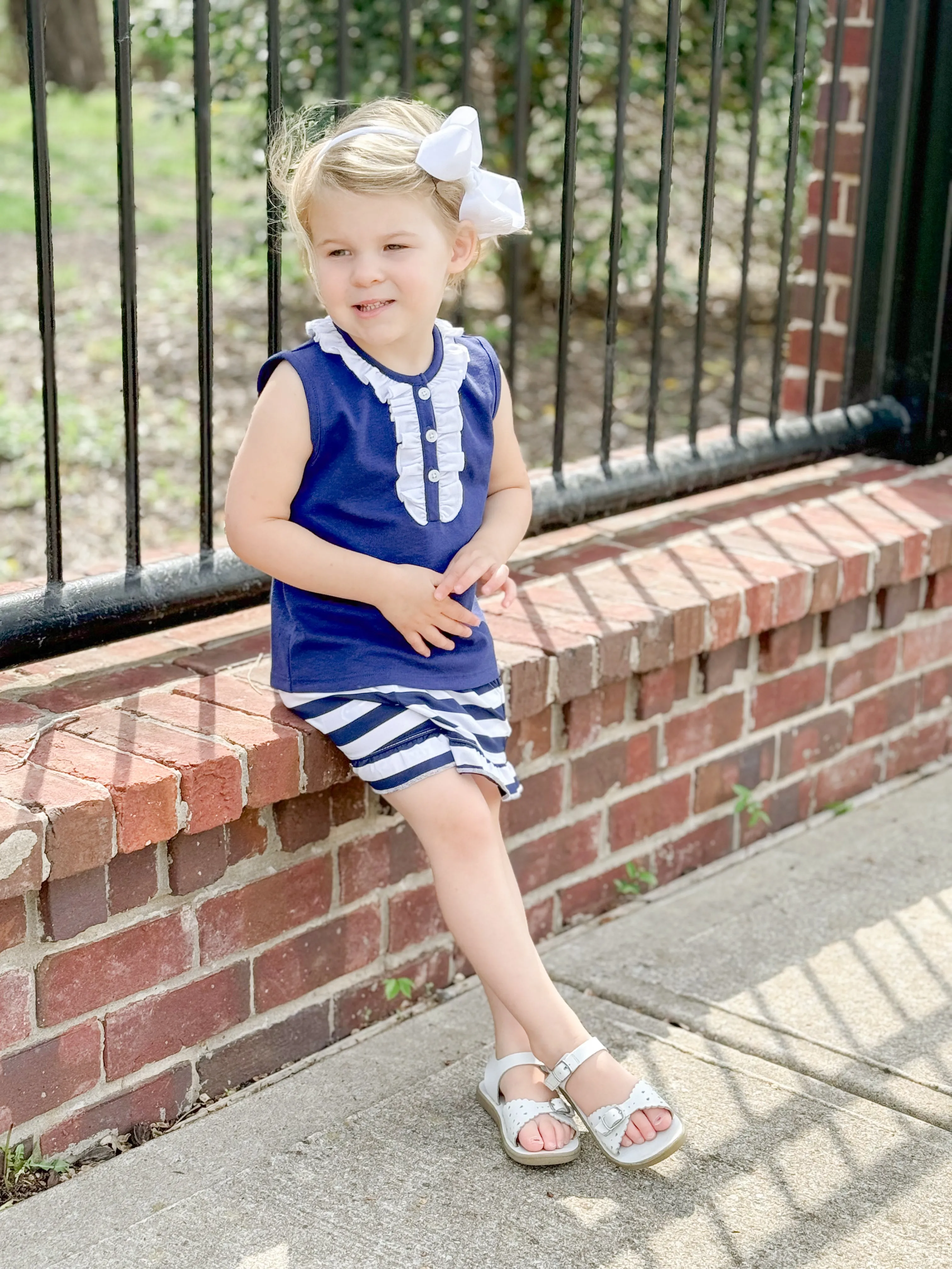 Girls Pique Ramona Shirt in Royal Navy & White