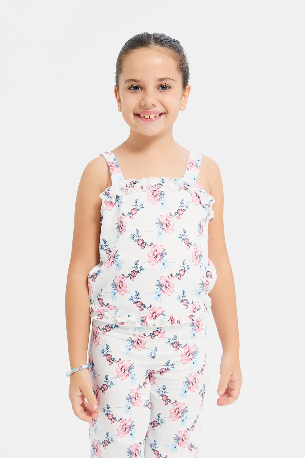 Girls Teal Floral Blouse And Trouser Set (2 Piece)