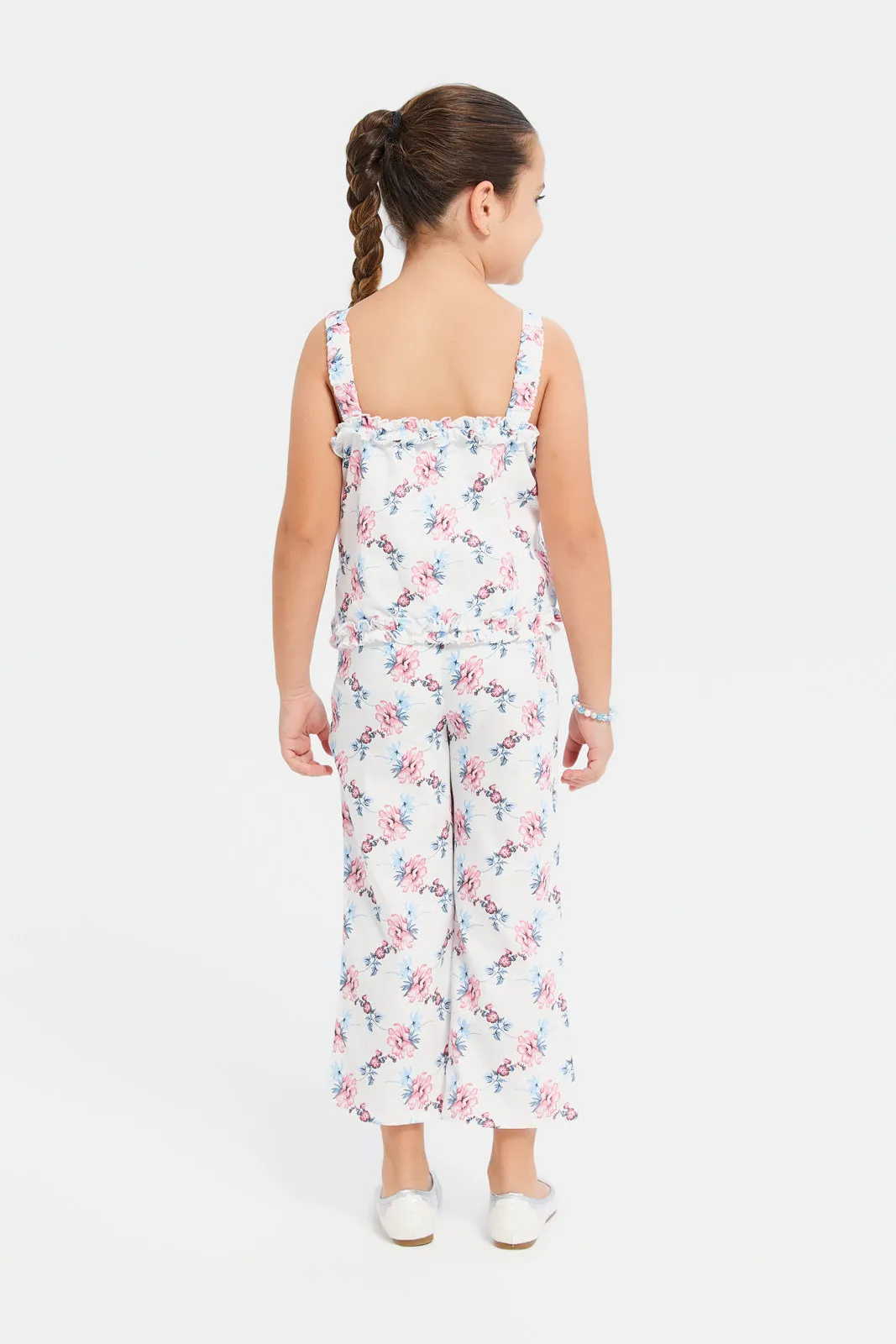 Girls Teal Floral Blouse And Trouser Set (2 Piece)
