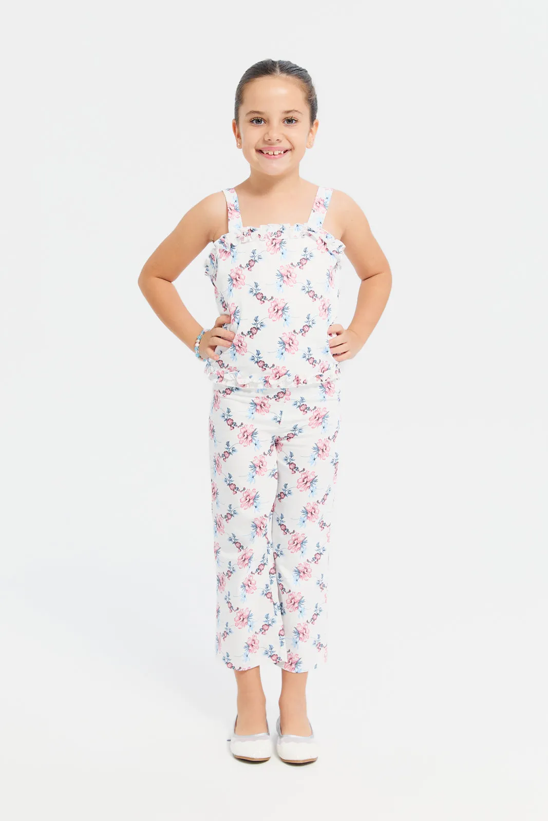 Girls Teal Floral Blouse And Trouser Set (2 Piece)