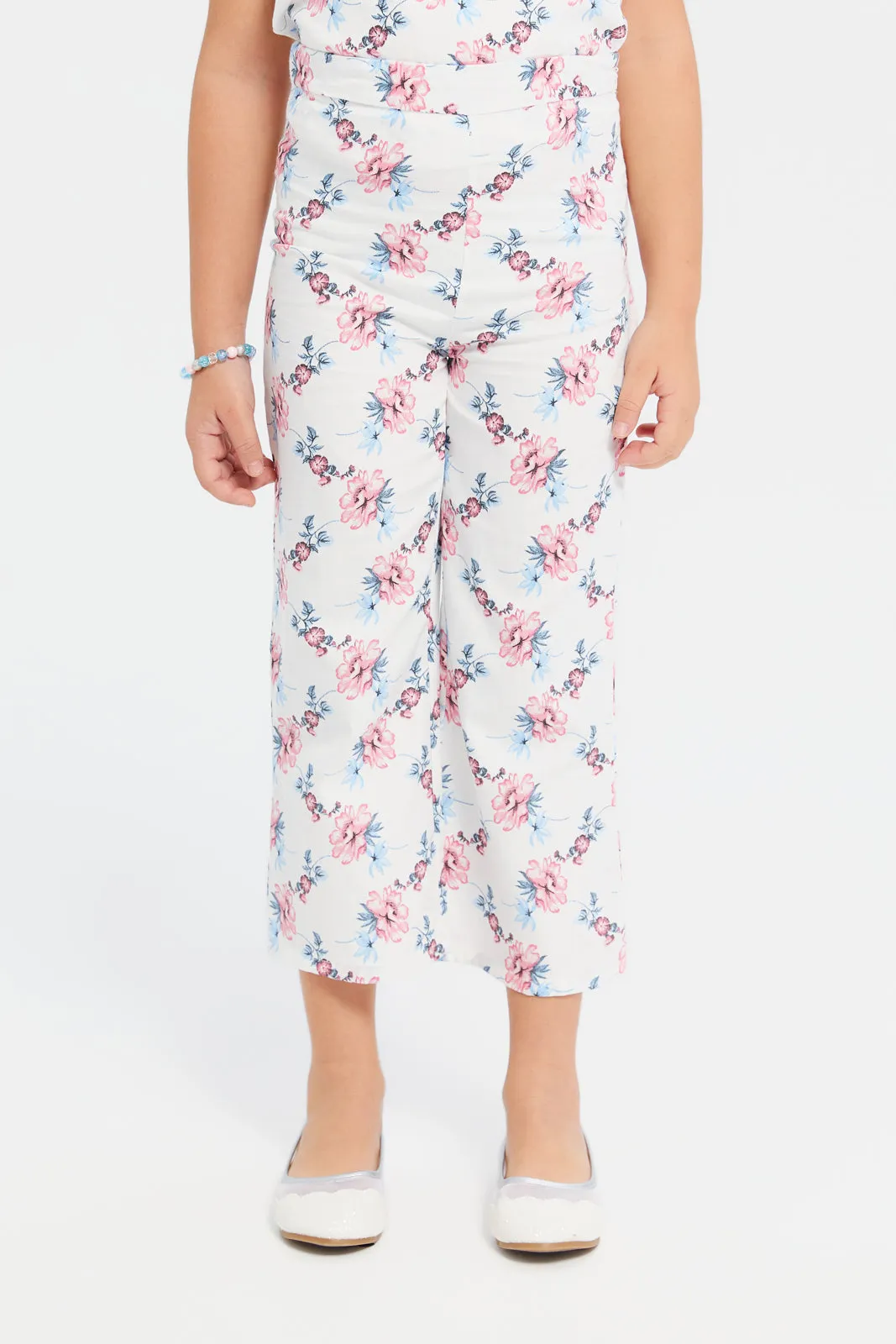 Girls Teal Floral Blouse And Trouser Set (2 Piece)