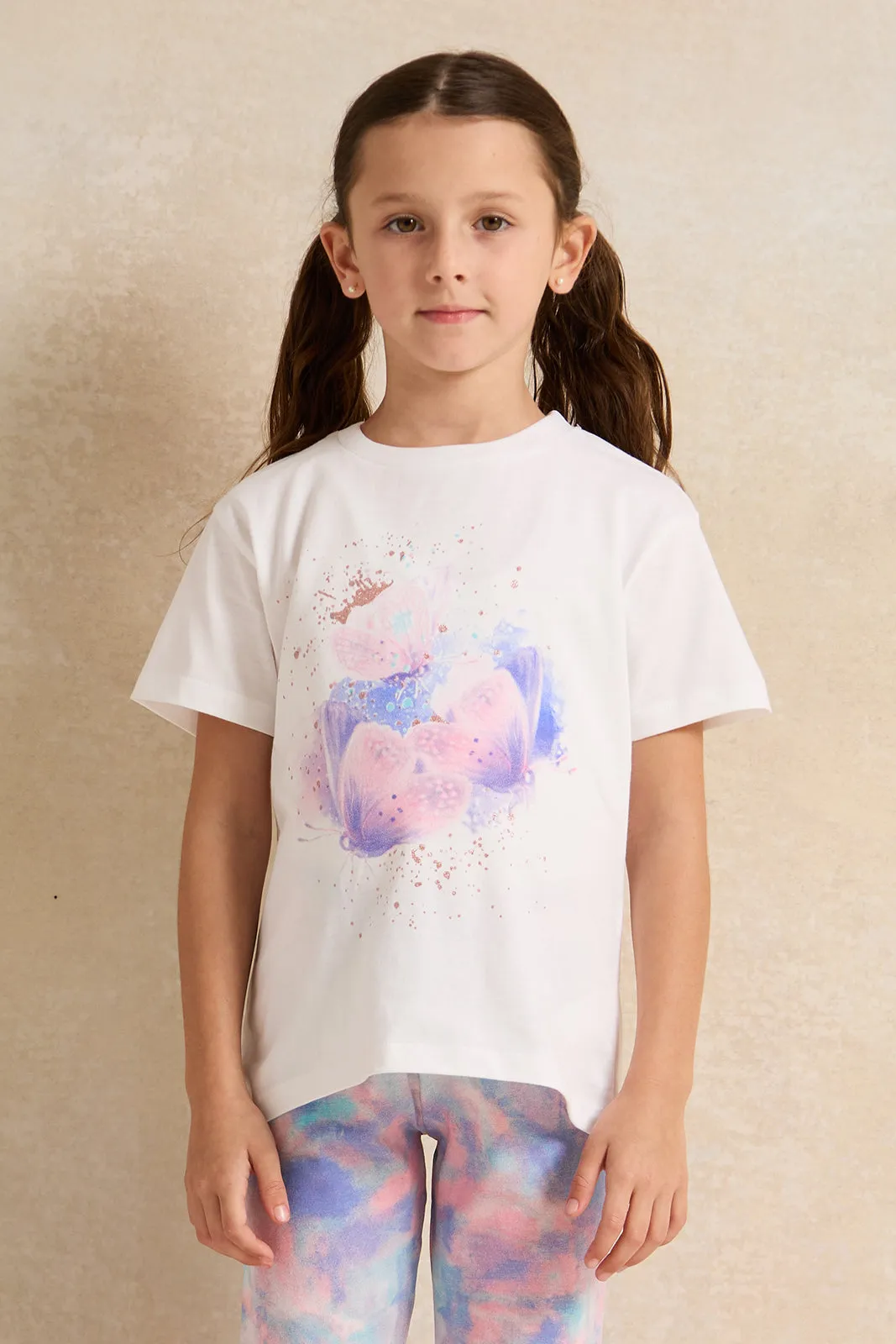 Girls White Printed Casual Set (2 Piece)