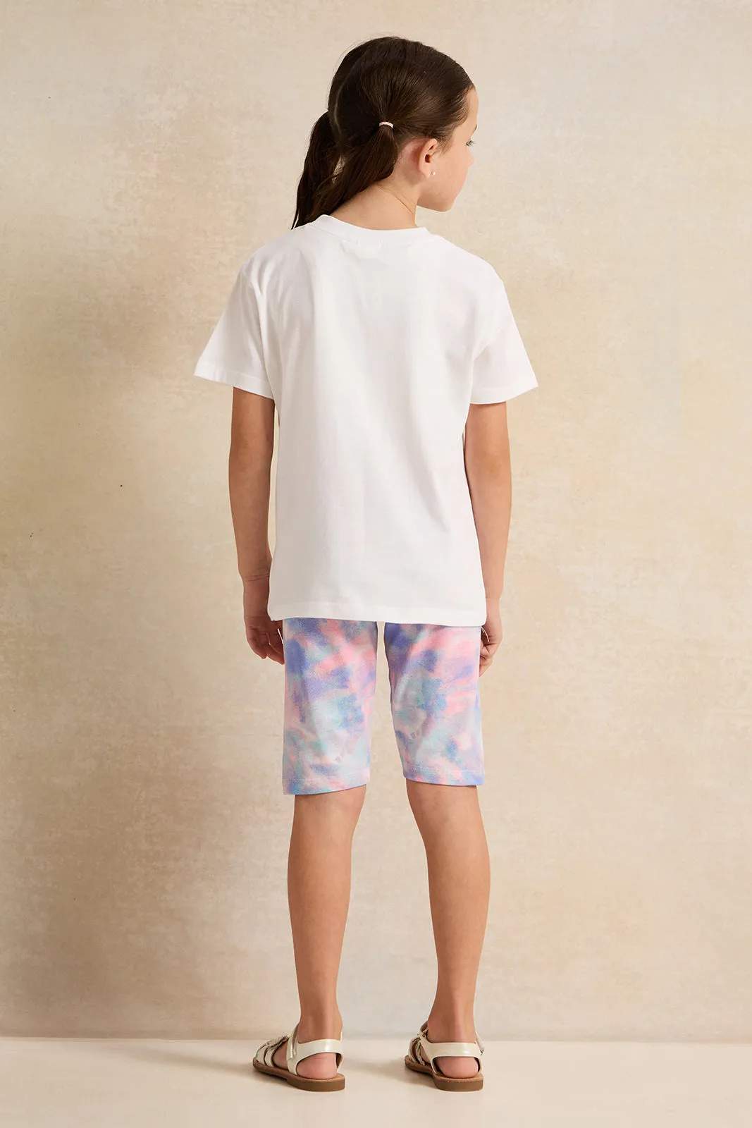 Girls White Printed Casual Set (2 Piece)