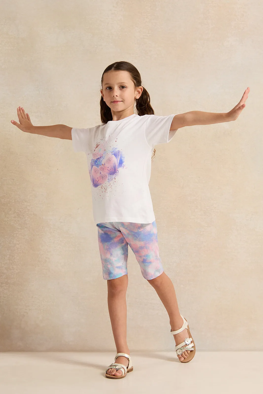 Girls White Printed Casual Set (2 Piece)