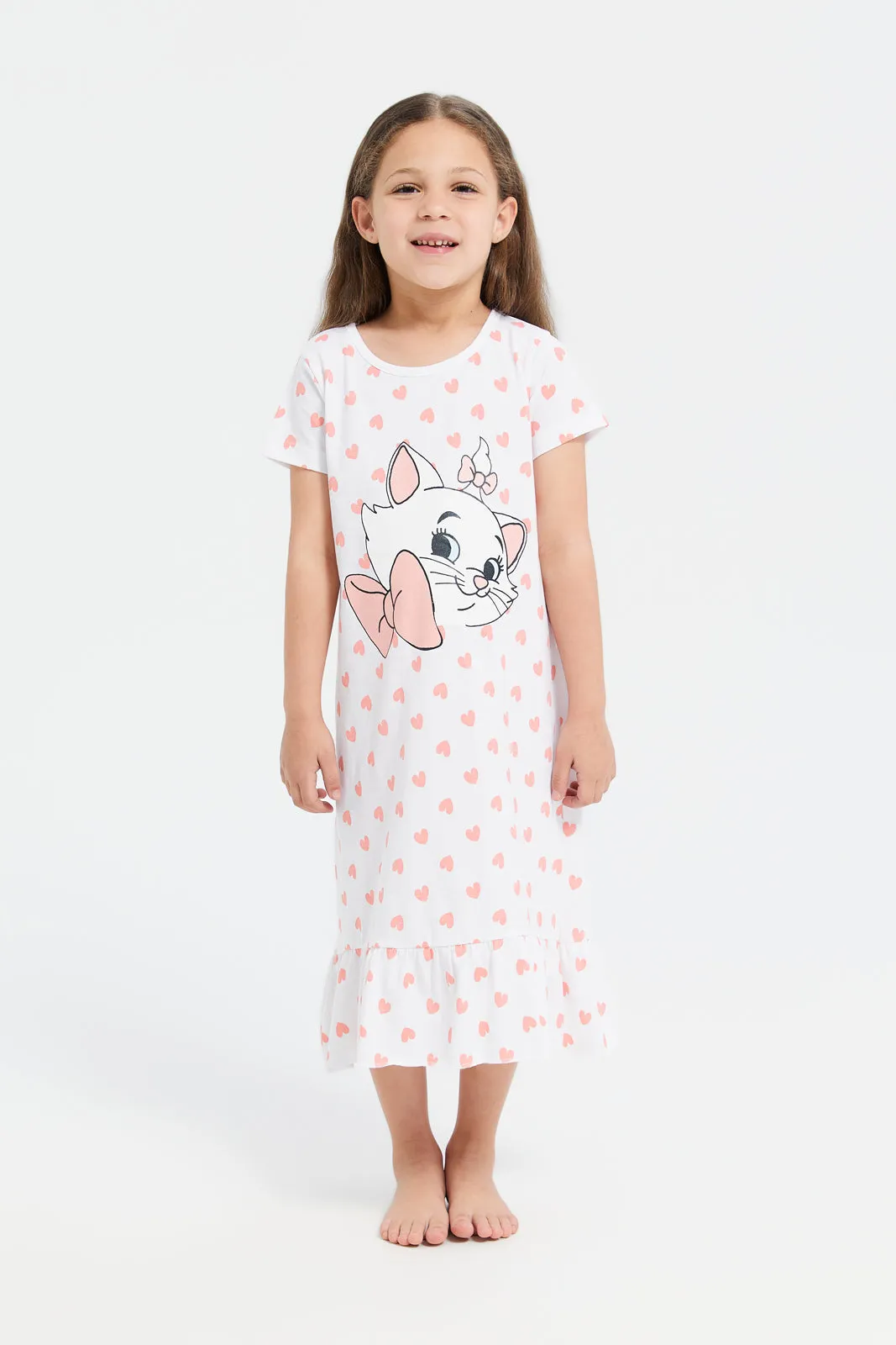 Girls White Printed Marie The Cat Nightshirt