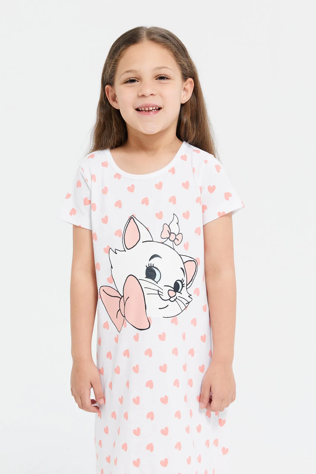 Girls White Printed Marie The Cat Nightshirt