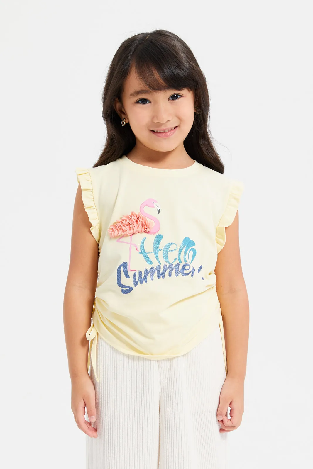 Girls Yellow Embroidered Flamingo T-Shirt