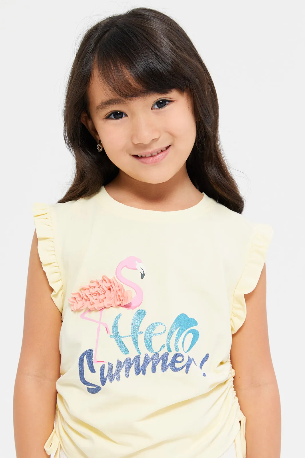 Girls Yellow Embroidered Flamingo T-Shirt