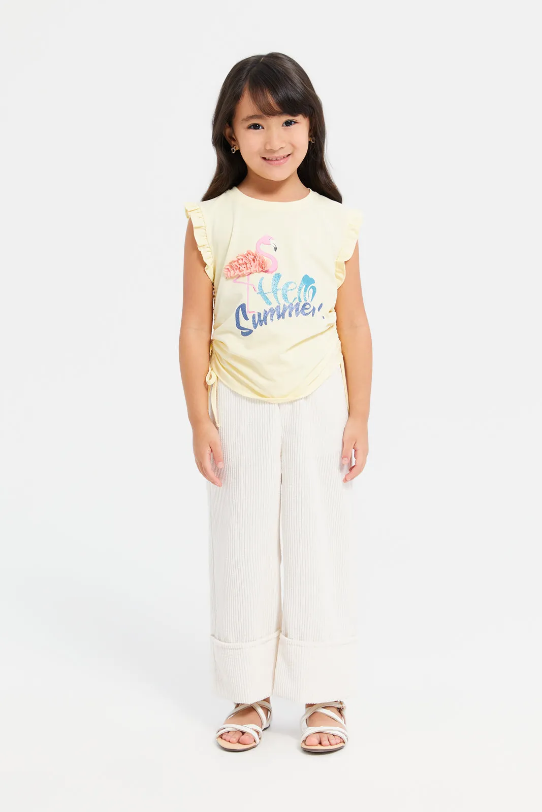 Girls Yellow Embroidered Flamingo T-Shirt