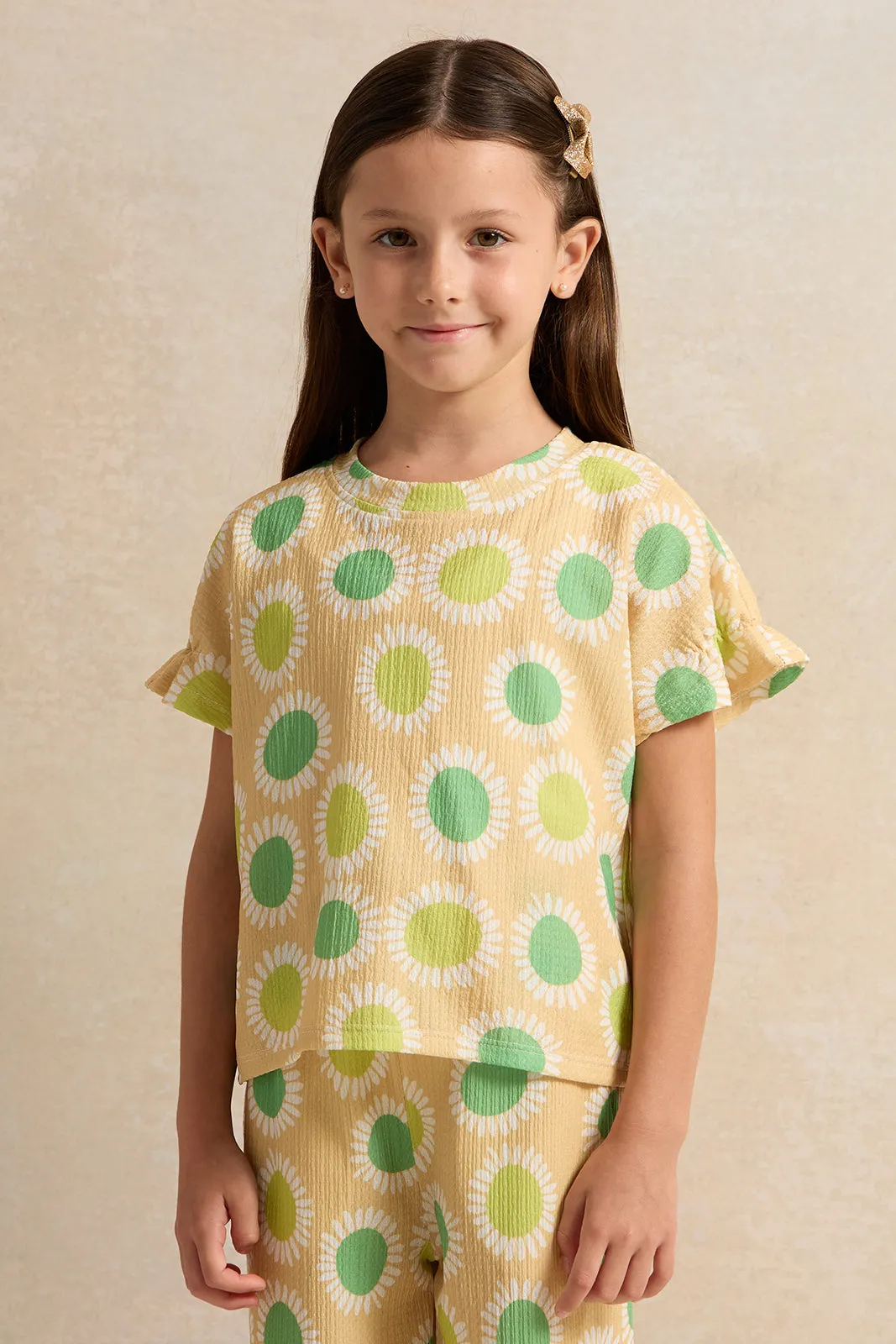 Girls Yellow  Floral Printed Set (2 Piece)