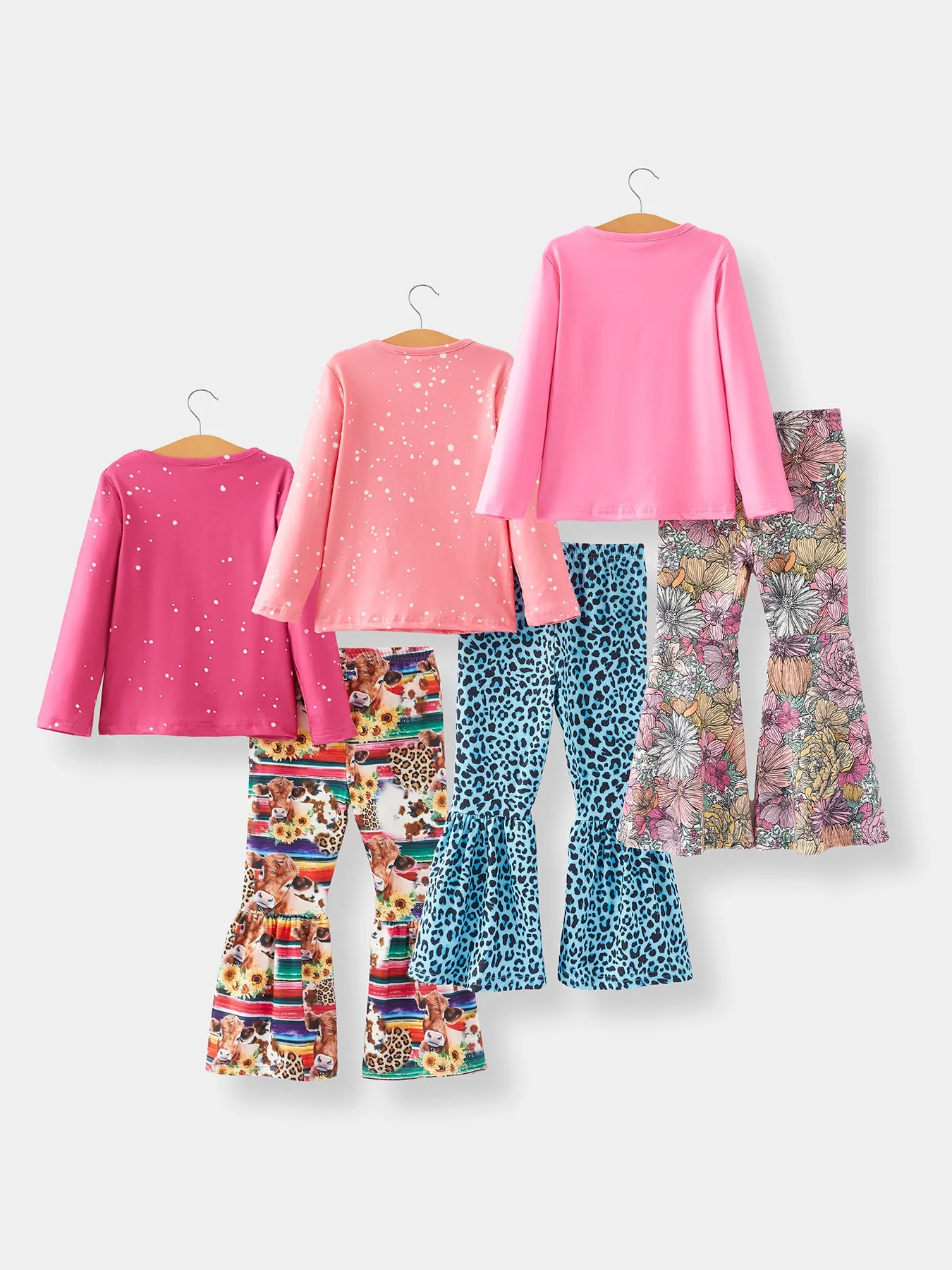 Girls'6-piece set Cow Print Top Bell Bottom Pants