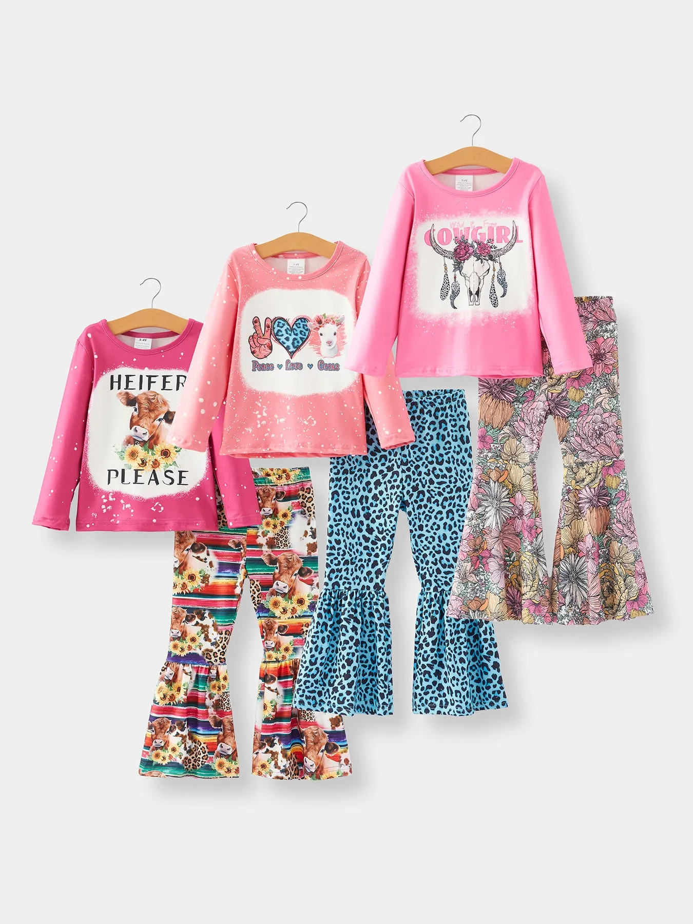 Girls'6-piece set Cow Print Top Bell Bottom Pants