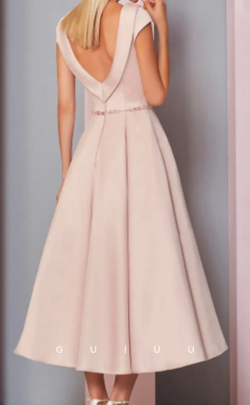 GM129 - A-Line High Neck V Back Short Sleeves Stain Mother of Bride Dress