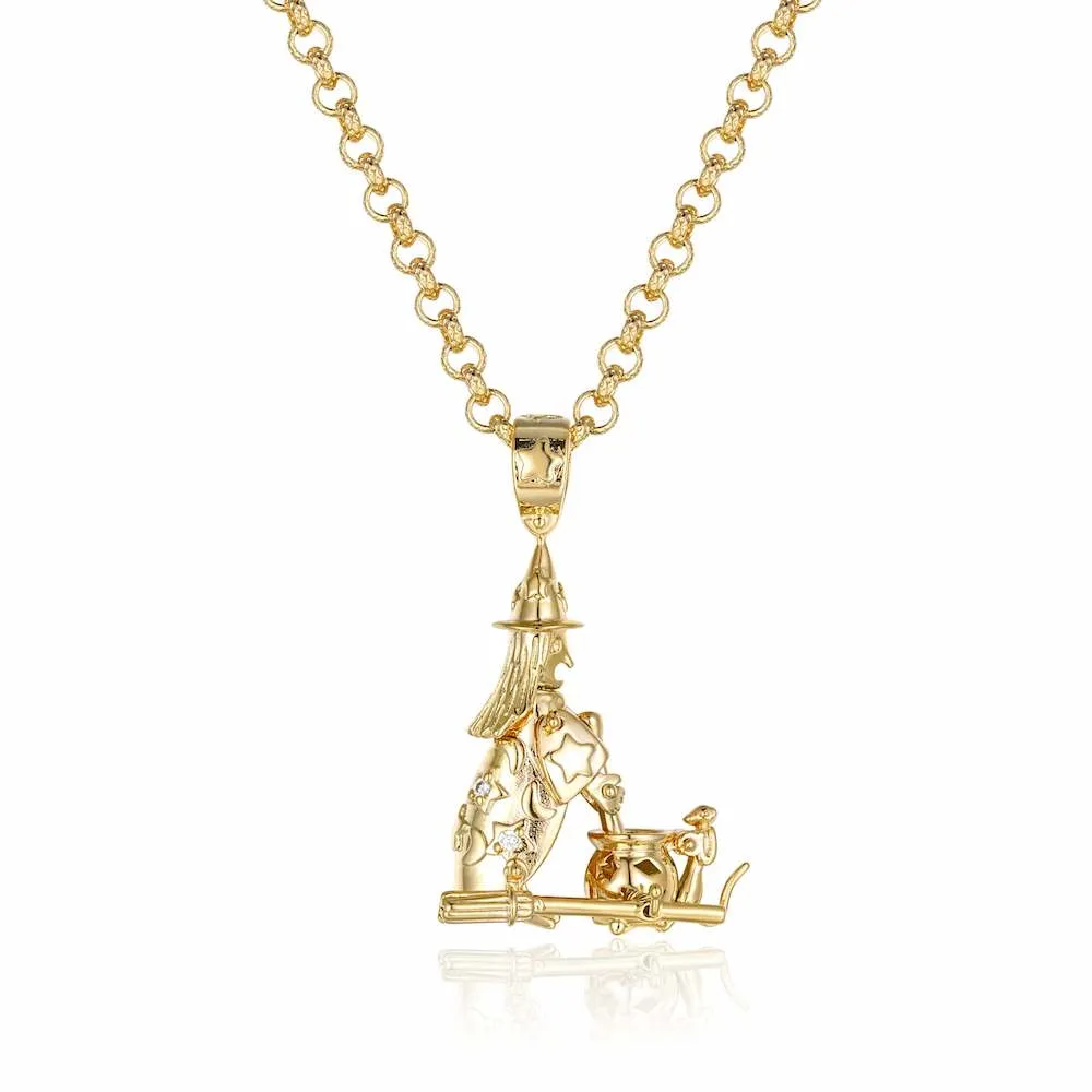 Gold Filled Bonded Witch with Cauldron Pendant 22 Inch 4mm Belcher Chain