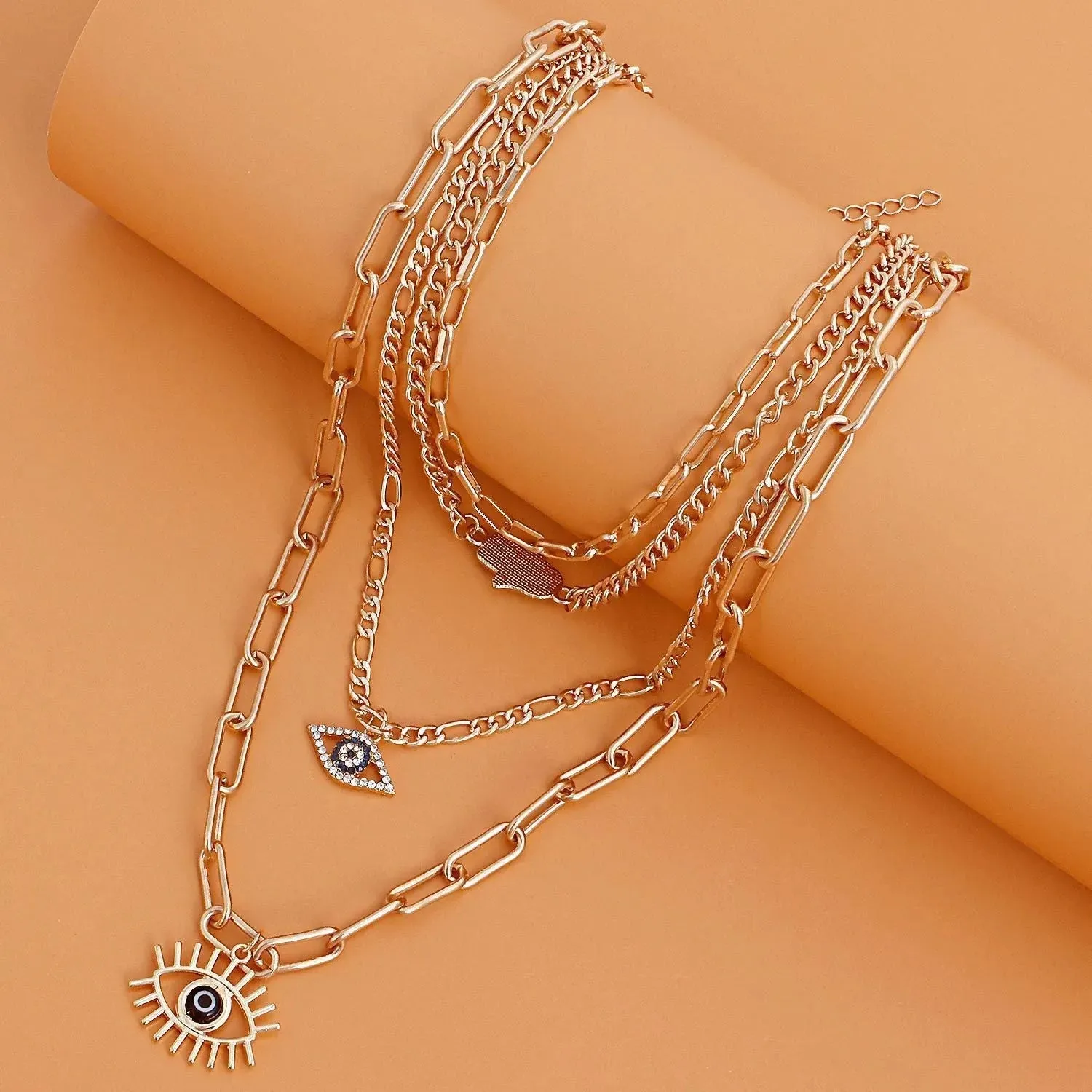 Gold Plated Evil Eyes Punk Style Layered Necklace For Women & Girls Alloy Layered