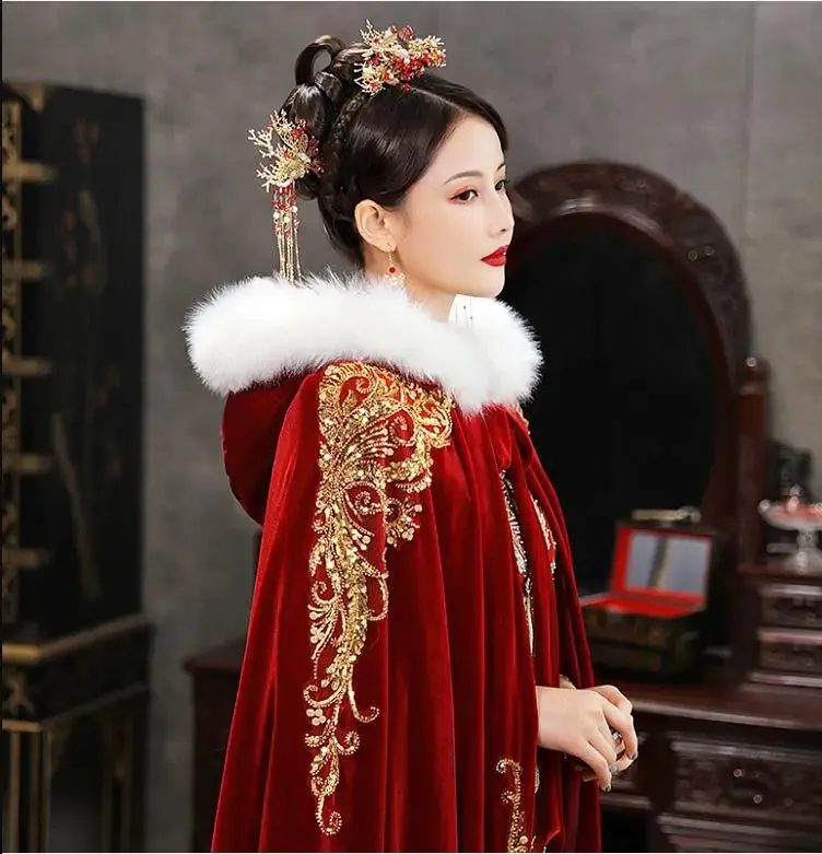 Gold Red Wedding Wrap Velvet Bridal Cape Floor Length Faux Fur Edge Hood