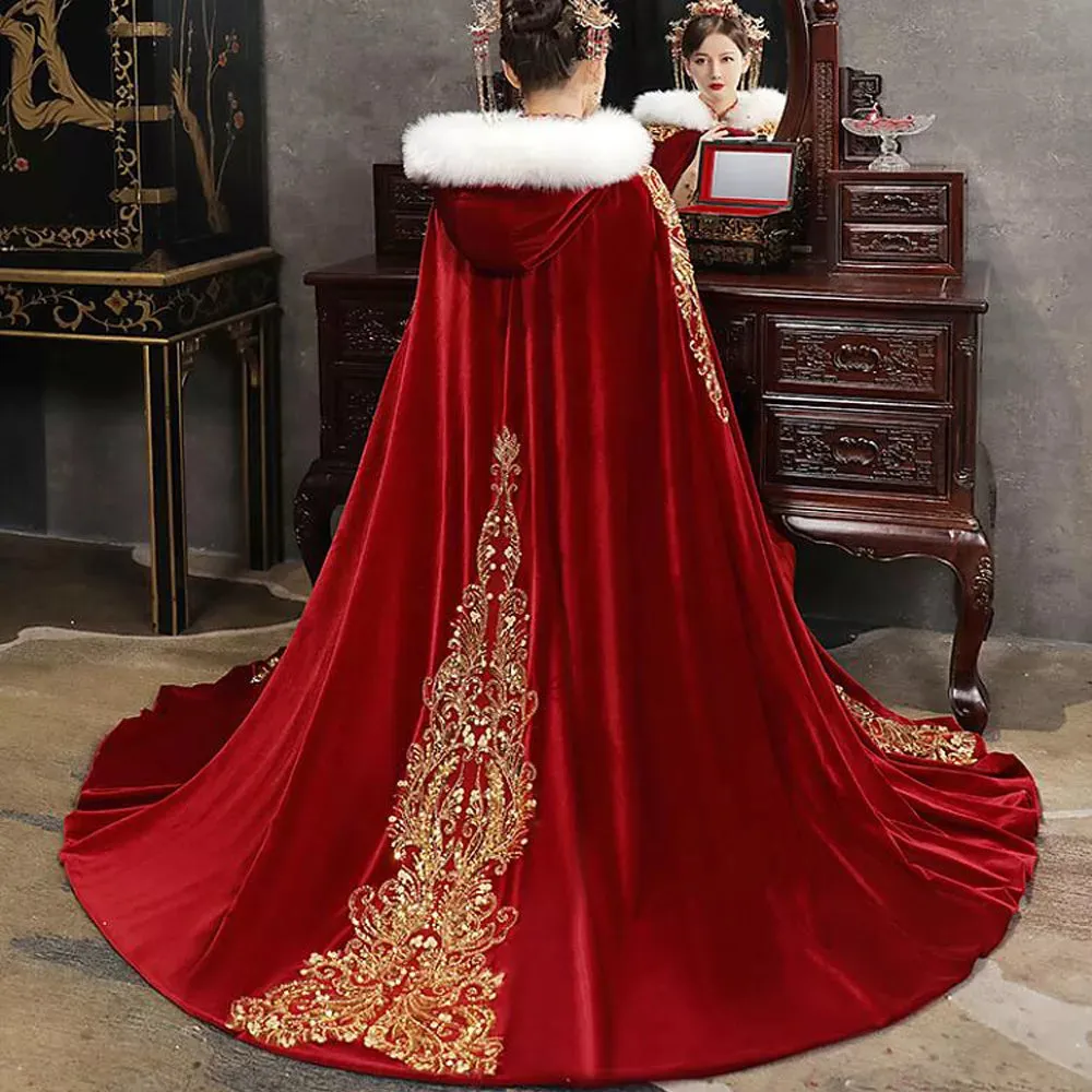 Gold Red Wedding Wrap Velvet Bridal Cape Floor Length Faux Fur Edge Hood