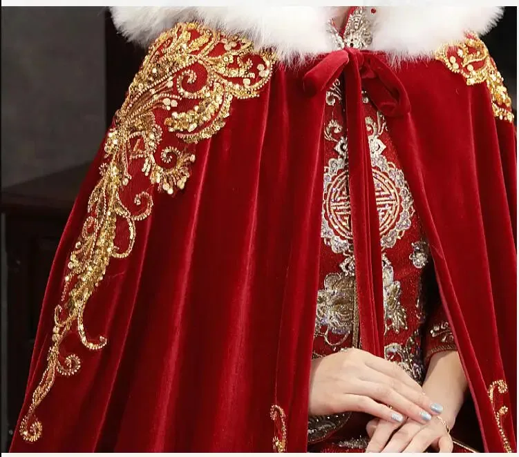Gold Red Wedding Wrap Velvet Bridal Cape Floor Length Faux Fur Edge Hood