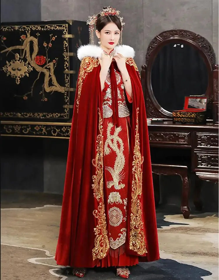 Gold Red Wedding Wrap Velvet Bridal Cape Floor Length Faux Fur Edge Hood