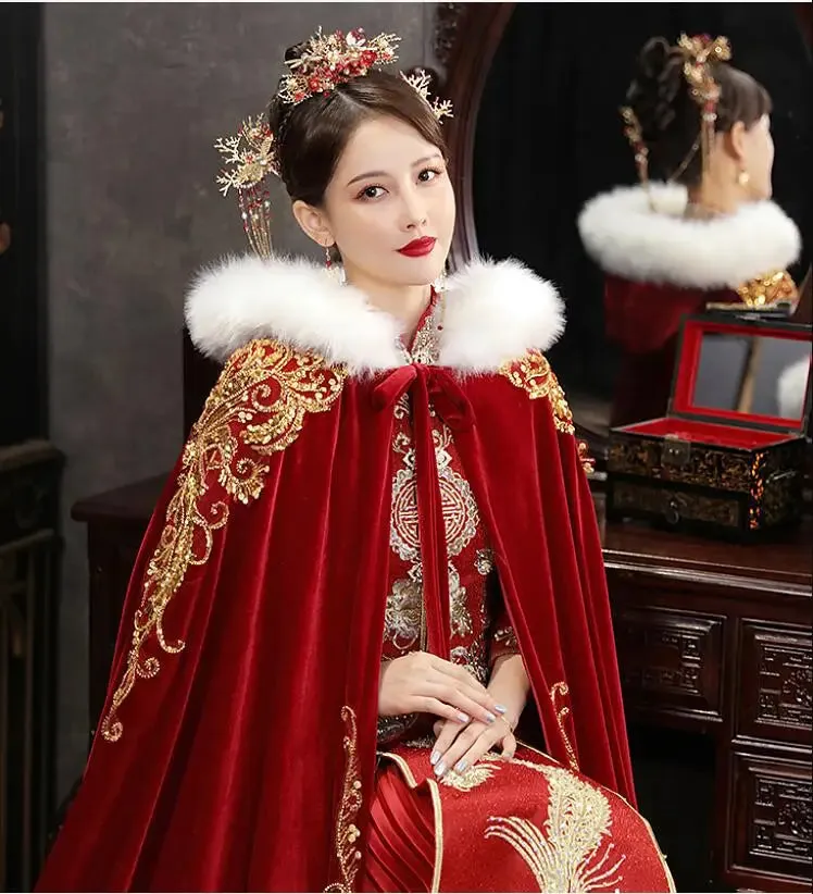 Gold Red Wedding Wrap Velvet Bridal Cape Floor Length Faux Fur Edge Hood
