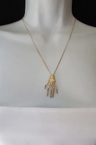 Gold Thin Long Metal Chain Skeleton Hand Skull Classic Halloween Necklace