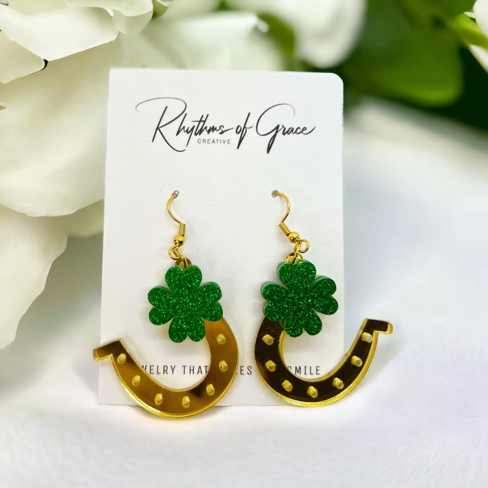 Golden Horseshoe Earrings - Lucky Charm, Clover Earrings, Saint Patrick's Day, Gold Earrings, Lucky Earrings, St. Patrick's Day