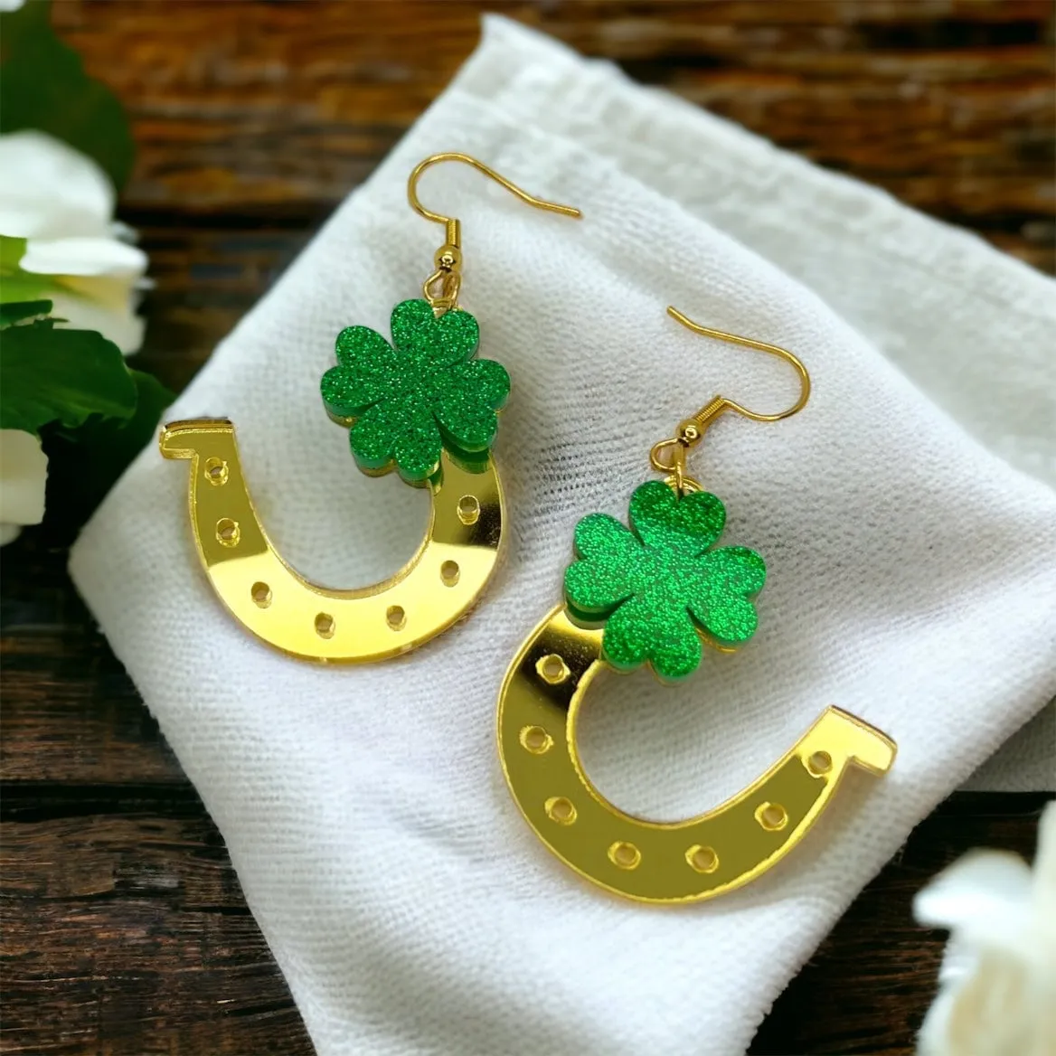 Golden Horseshoe Earrings - Lucky Charm, Clover Earrings, Saint Patrick's Day, Gold Earrings, Lucky Earrings, St. Patrick's Day