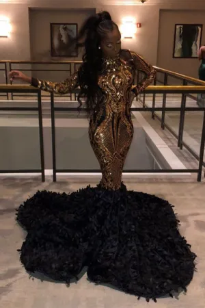 GOLDEN METALLIC SEQUINED BLACK HIGH NECK MERMAID PROM DRESS SA123