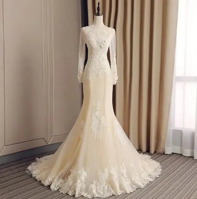 Gorgeous Long Sleeve Mermaid Wedding Dresses Vintage Bridal Gown