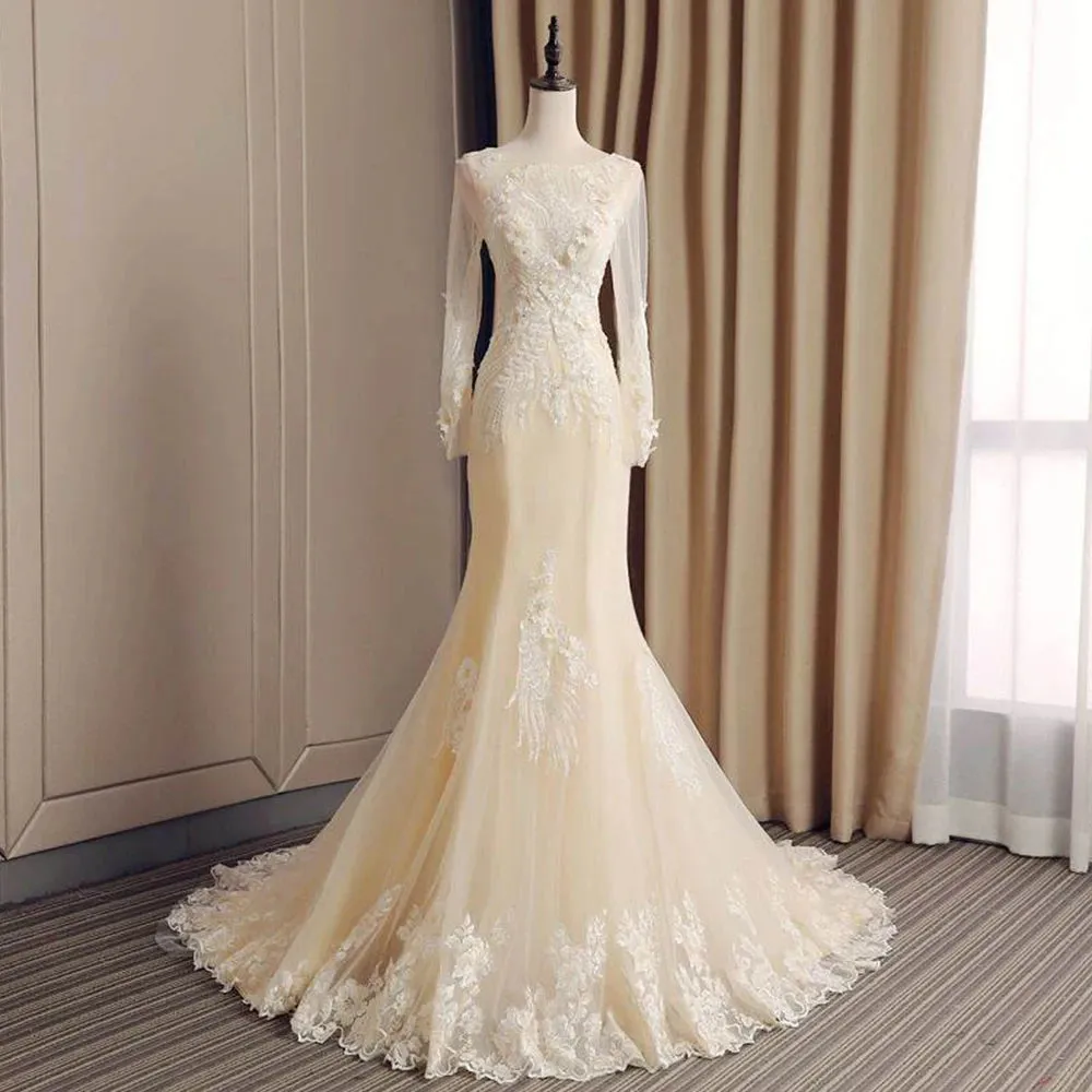 Gorgeous Long Sleeve Mermaid Wedding Dresses Vintage Bridal Gown