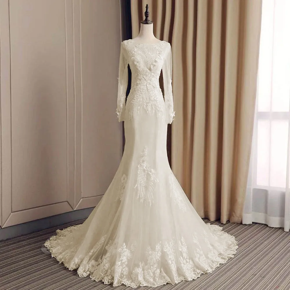 Gorgeous Long Sleeve Mermaid Wedding Dresses Vintage Bridal Gown