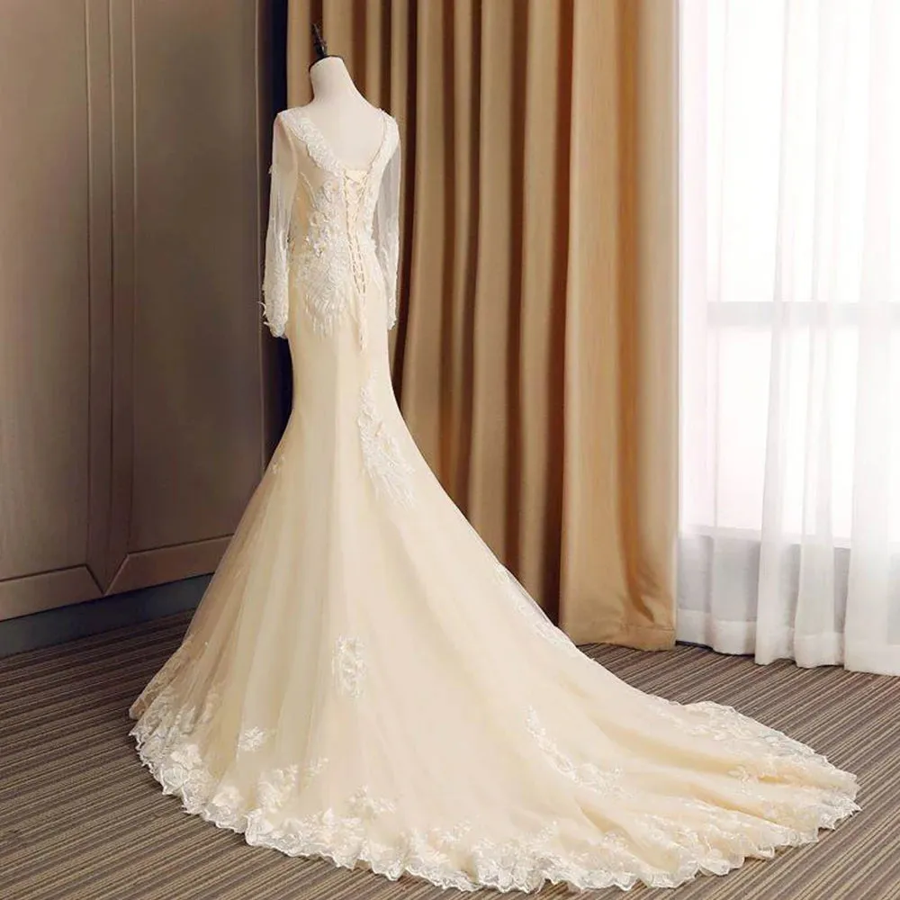 Gorgeous Long Sleeve Mermaid Wedding Dresses Vintage Bridal Gown