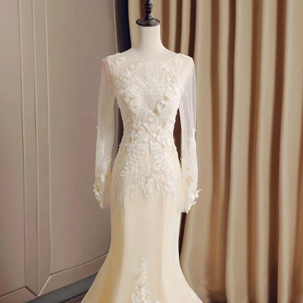 Gorgeous Long Sleeve Mermaid Wedding Dresses Vintage Bridal Gown