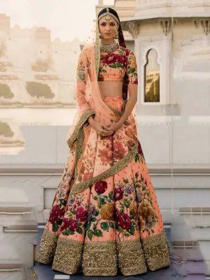 Gorgeous Peach Colored Partywear Designer Embroidered Lehenga Choli