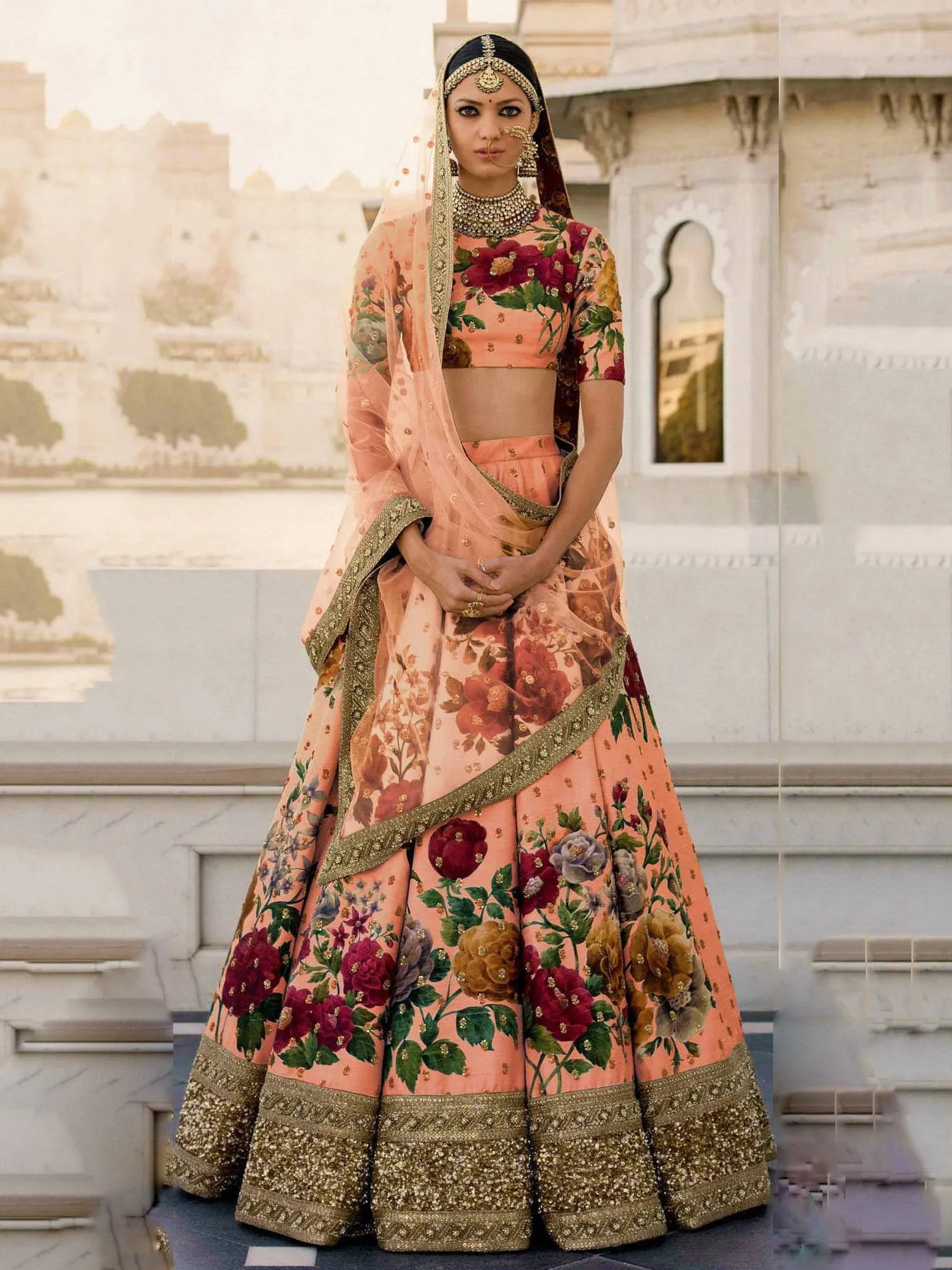 Gorgeous Peach Colored Partywear Designer Embroidered Lehenga Choli