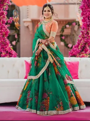 Graceful Green-Orange Sabyasachi Designer Digital Printed Lehenga Choli